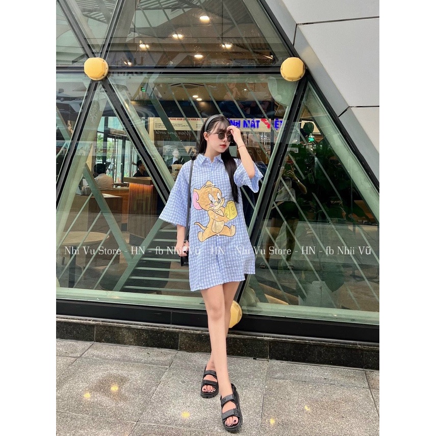Đầm thời trang nữ mặc đi chơi chất kate lụa kiểu sơ mi váy suông tya lững caro in hình Jerrry