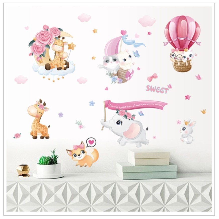 Decal dán tường trang trí - MÈO VÀ NAI HỒNG CON ĐÁNG YÊU CHO BÉ