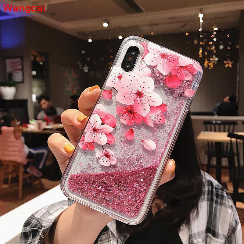 Samsung Galaxy A9 A8+ A6+ A8 A6 Plus A7 2018 A7 A5 2017 Phone Case Glitter Bling Liquid Quicksand Patterned Cherry blossoms Peach blossom Flower Butterfly Elephant Cute Cartoon Clear Transparent Soft TPU Casing Case Cover