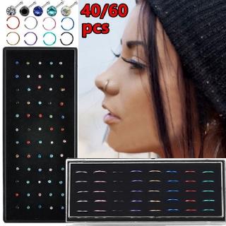 Image of Jewelry 40/60pcs/pack Women Girl Surgical Nose Hoop Ring Piercing Nose Stud Lot Body Stainless Steel Crystal Nose Ring Set