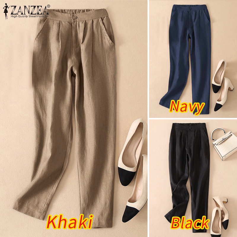 Zanzea Quần Dài Lưng Thun Màu Trơn Có Túi Thời Trang Cho Nữ