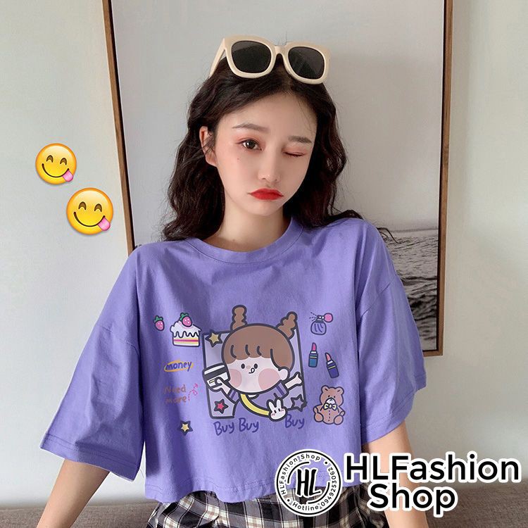 Áo croptop thun nữ bé gái đi mua sắm cực xinh, áo thun nữ HLFashion