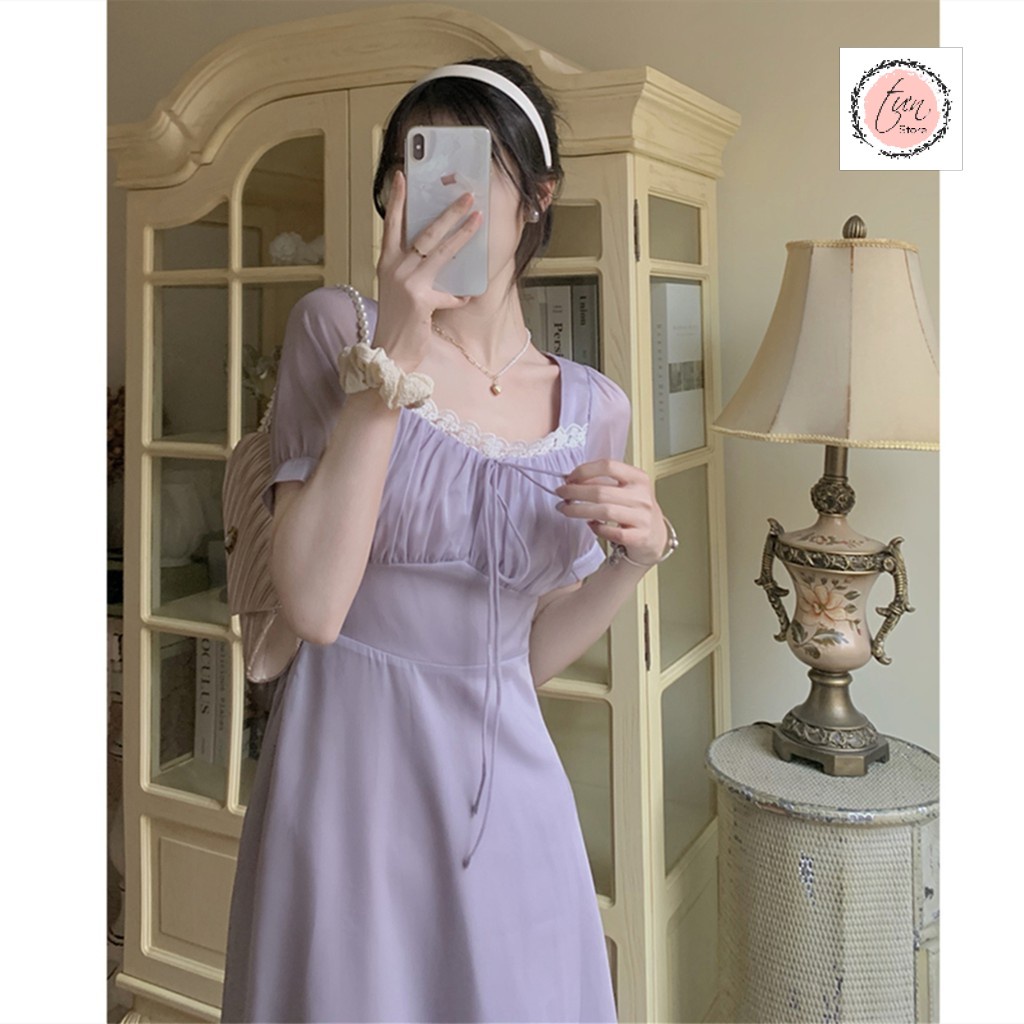 Váy đầm vintage dự tiệc kiểu pháp màu tím,đầm cúp dúm ngực, tay ngắn bồng nhẹ nhàng