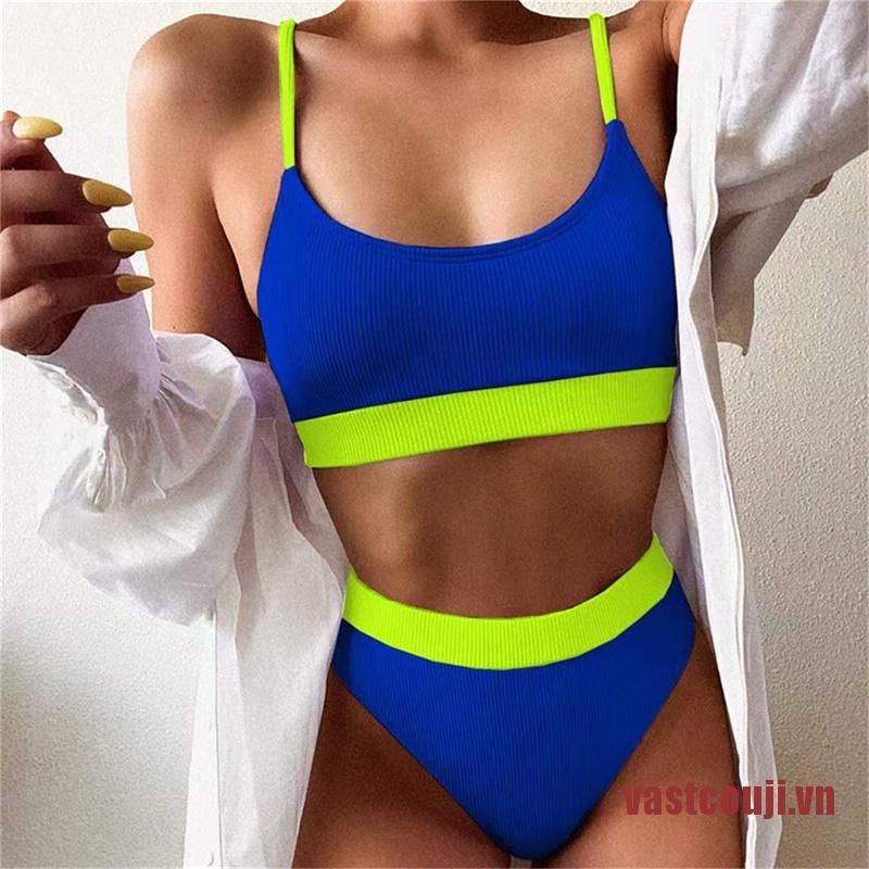 CONJI High Waist Bikinis Swimwear Ribbed Strap Bathing Suit Brazilian Bikin New