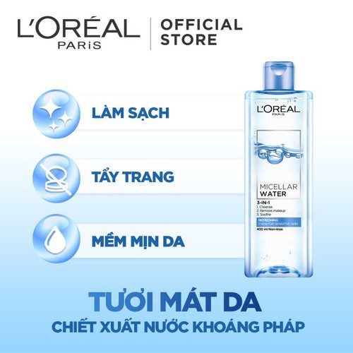 Nước Tẩy Trang Loreal Paris 3 in 1 Micellar Water Refreshing 400ml Tươi Mát