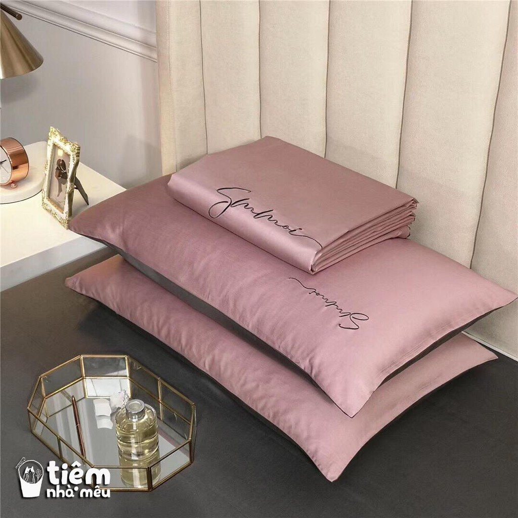 Bộ Chăn Ga Gối Lụa ✨ m6/m8/2m - Tiệm Nhà Mêu✨Set 4 Món Tencel Basic Màu Trơn Chữ Sumoi (Nhiều Màu - Vol2)