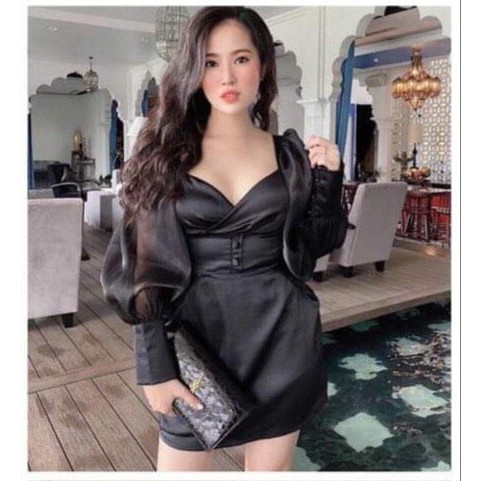 Đầm ôm thiết kế cổ chéo thời trang phối tay voan ( có mút ) | BigBuy360 - bigbuy360.vn