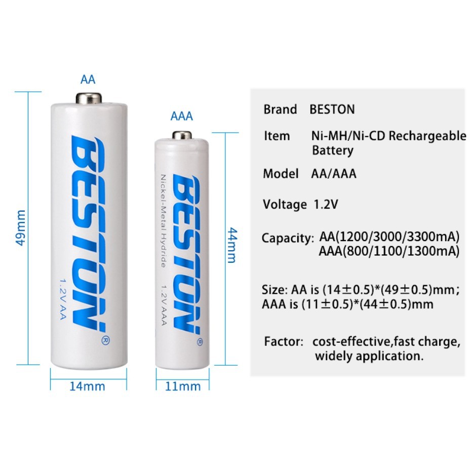 [Mã BMBAU50 giảm 10% đơn 99k] Pin sạc AAA (3A 1.2v) BESTON dung lượng 1100mAh, 600mAh, 800mAh, 1300mAh (BẢO HÀNH 1 NĂM)