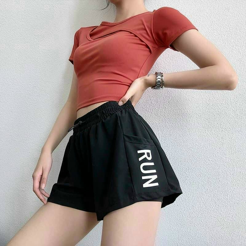 Quần đùi tập gym yoga thể thao nữ, quần đùi 2 lớp bản lưng cao in chữ run có túi Bin Sports Q147