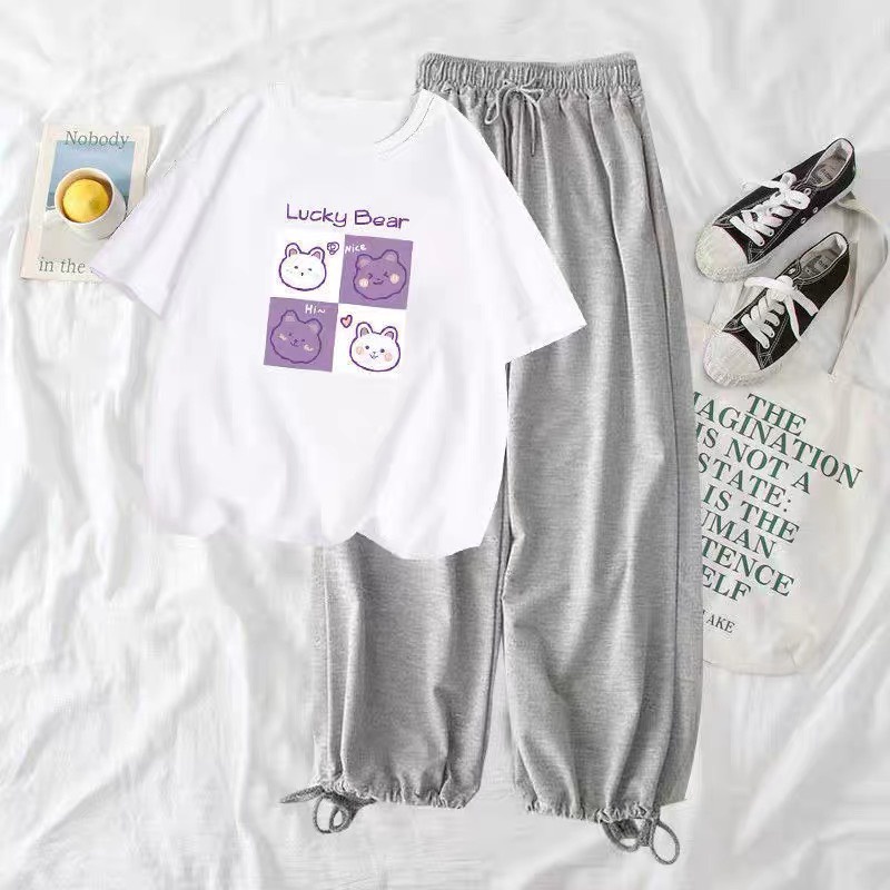 Sét Áo Lucky + quần bom chun, Áo thun from rộng, Chất đẹp không xù, quần suông ống rộng, Sét bộ mặc ở nhà - MODY