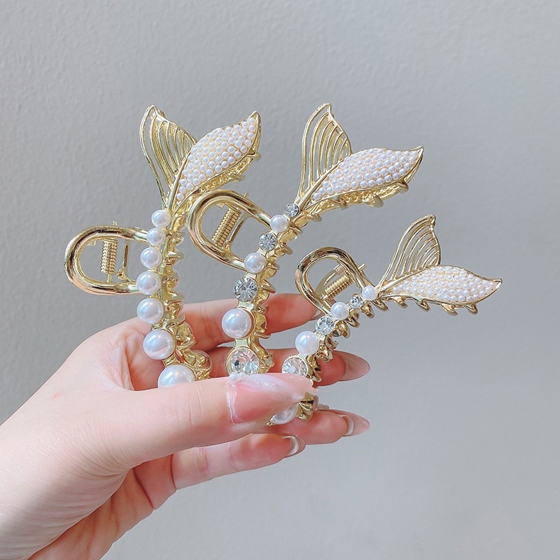 Kẹp tóc đuôi cá bằng kim loại Hàn Quốc cho nữ, kẹp tóc sau đầu đính đá đính ngọc