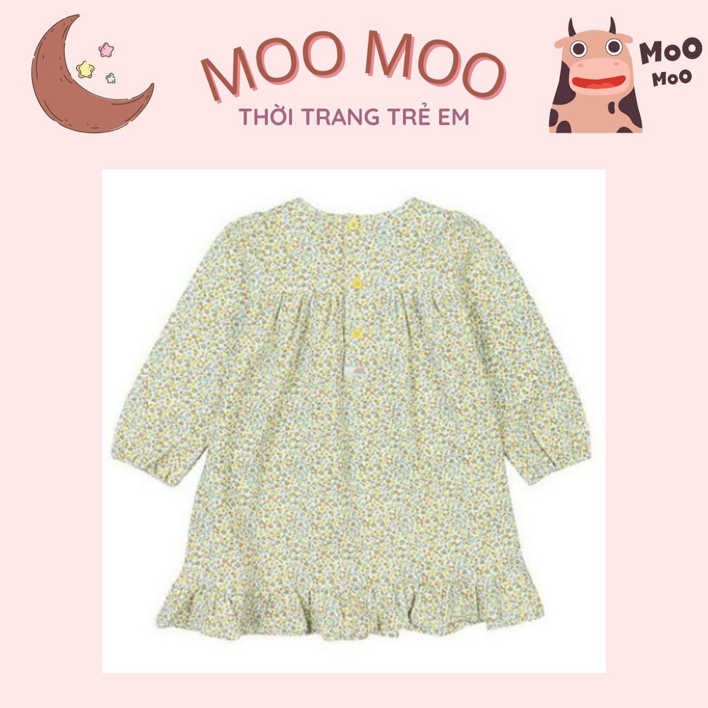 Váy bé gái Agabang màu vàng nhạt hoa nhí dáng babydoll cổ tròn chất cotton thoáng mát cho bé 7-16kg 