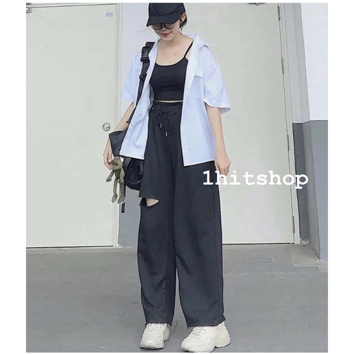 Quần DÀI ỐNG RỘNG RÁCH ĐÙI LAI TƯA Ulzzang Unisex 1hitshop