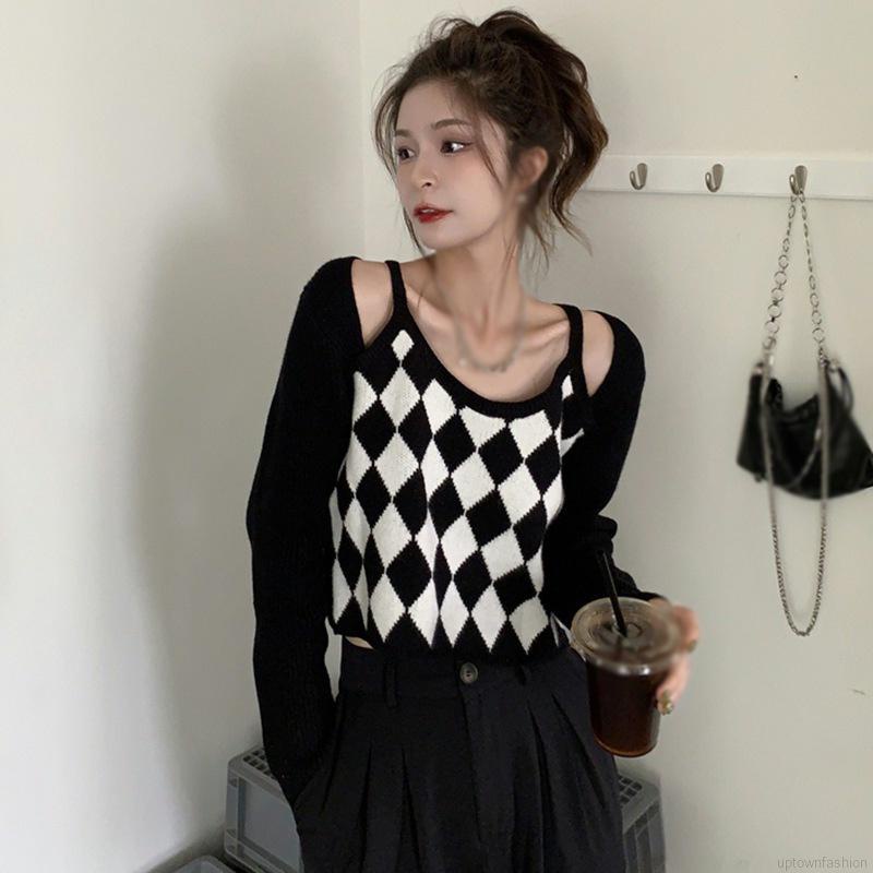Áo sweater dệt kim tay dài phối màu thời trang cho nữ
