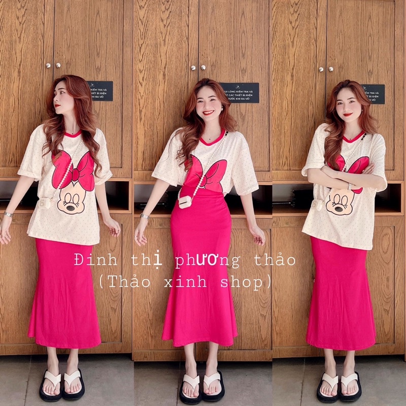 SET ÁO THUN HOẠT HÌNH + CHÂN VÁY ĐUÔI CÁ HỒNG
