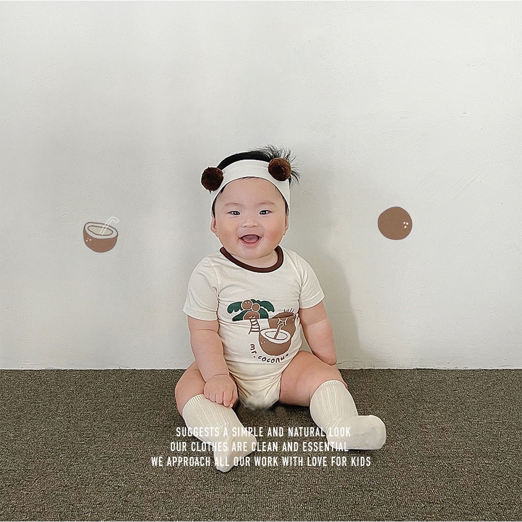 Jumpsuit Tay Ngắn In Hình Cây Dừa + Băng Đô Cài Tóc Cho Bé