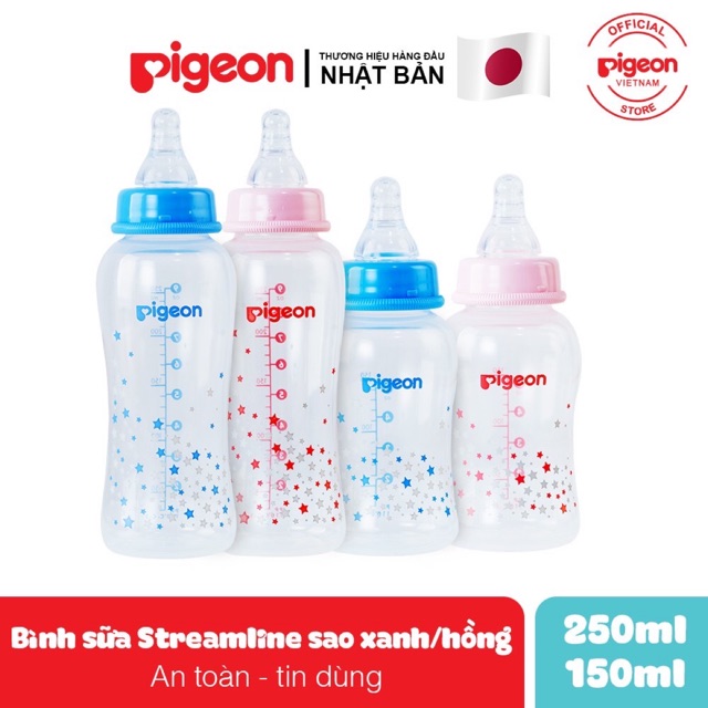 Bình sữa Pigeon cổ hẹp PP streamline 150ml/250ml ngôi sao xanh/Hồng