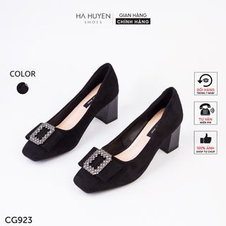 Giày cao gót nữ hà huyền gót vuông da lộn khóa đá chữ nhật xám gv 5p - cg923