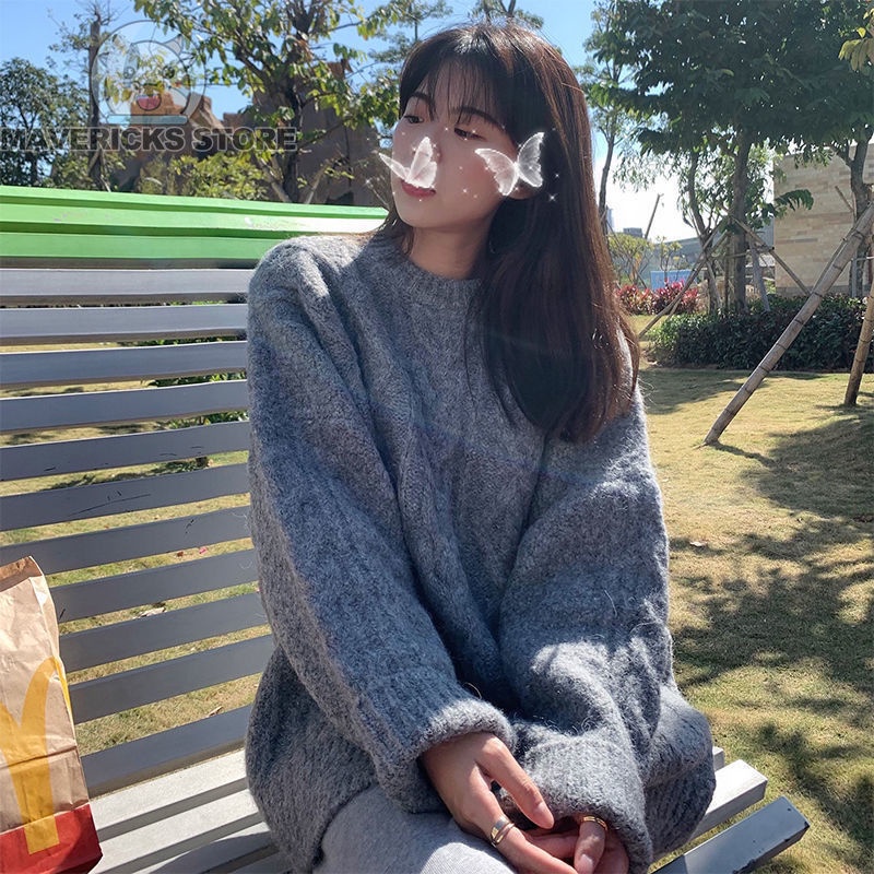 Áo sweater Dệt Kim Dày Dáng Rộng Màu Trắng Phong Cách Hàn Quốc Thanh Lịch Mùa Đông