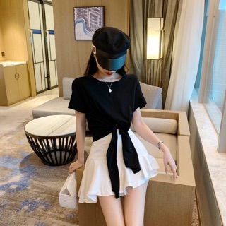 ♥️(Có ảnh thật, sẵn áo đen) Set thun chân váy áo cột nơ♥️
