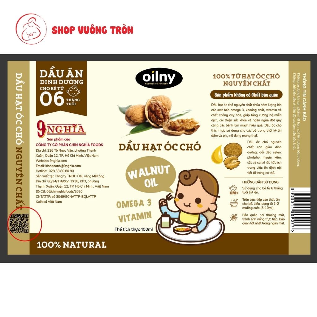 Dầu Óc Chó Ăn Dặm 9-NGHĨA Nguyên Chất Bổ Sung Vitamin, Omega Cho Bé 6M+ Walnut Oil 100ml