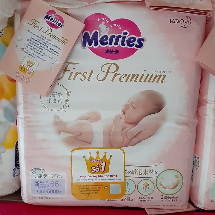 Bỉm dán Merries First Premium size Newborn NB66, S60, M48 - 1 bịch