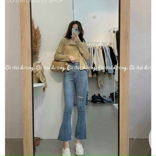 Quần jean ống loe rách gối nữ lưng cao hack dáng ulzzang quảng châu