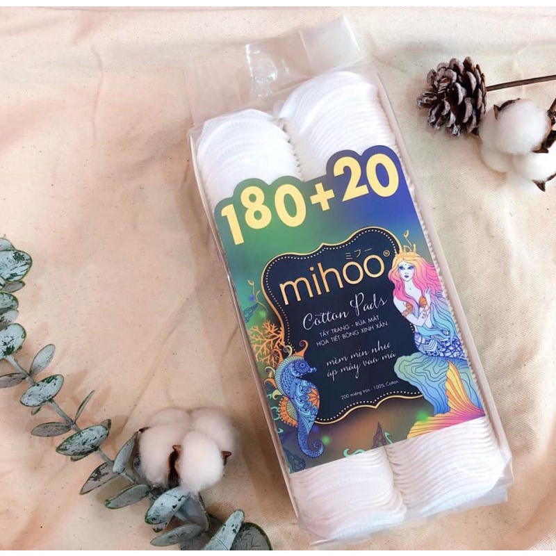 BÔNG TẨY TRANG MIHOO 200 miếng - 100% Cotton mềm mịn