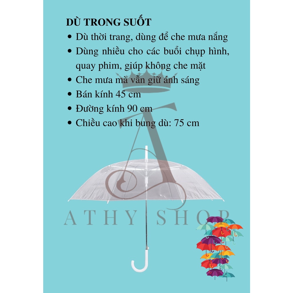 Ô TRONG SUỐT 50 CM, dù đi mưa thời trang, dù giá rẻ bền đẹp ô che nắng chụp hình quay phim diễn văn nghệ umbrella rain