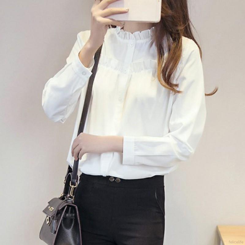 Áo kiểu cổ nhún bèo tay dài màu trơn cho nữ | BigBuy360 - bigbuy360.vn