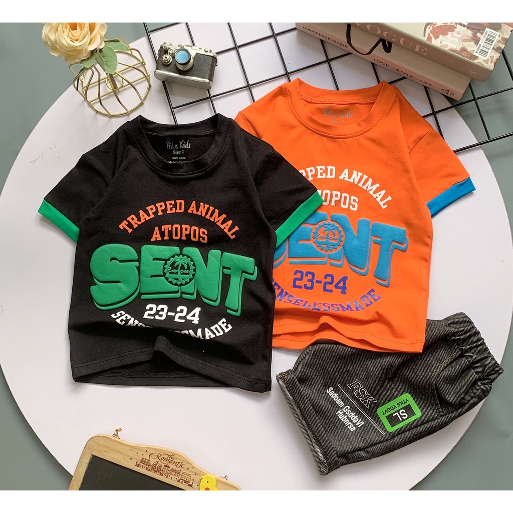 Set đồ bộ bé trai Áo thun cotton in chữ SENT quần thun giả jean cho bé trai từ 8-24 kg