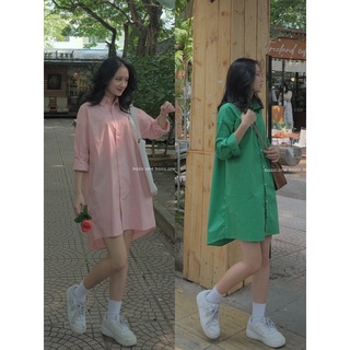 Váy sơ mi cổ đức oversize, váy sơ mi basic trên gối cổ đức Bazic one
