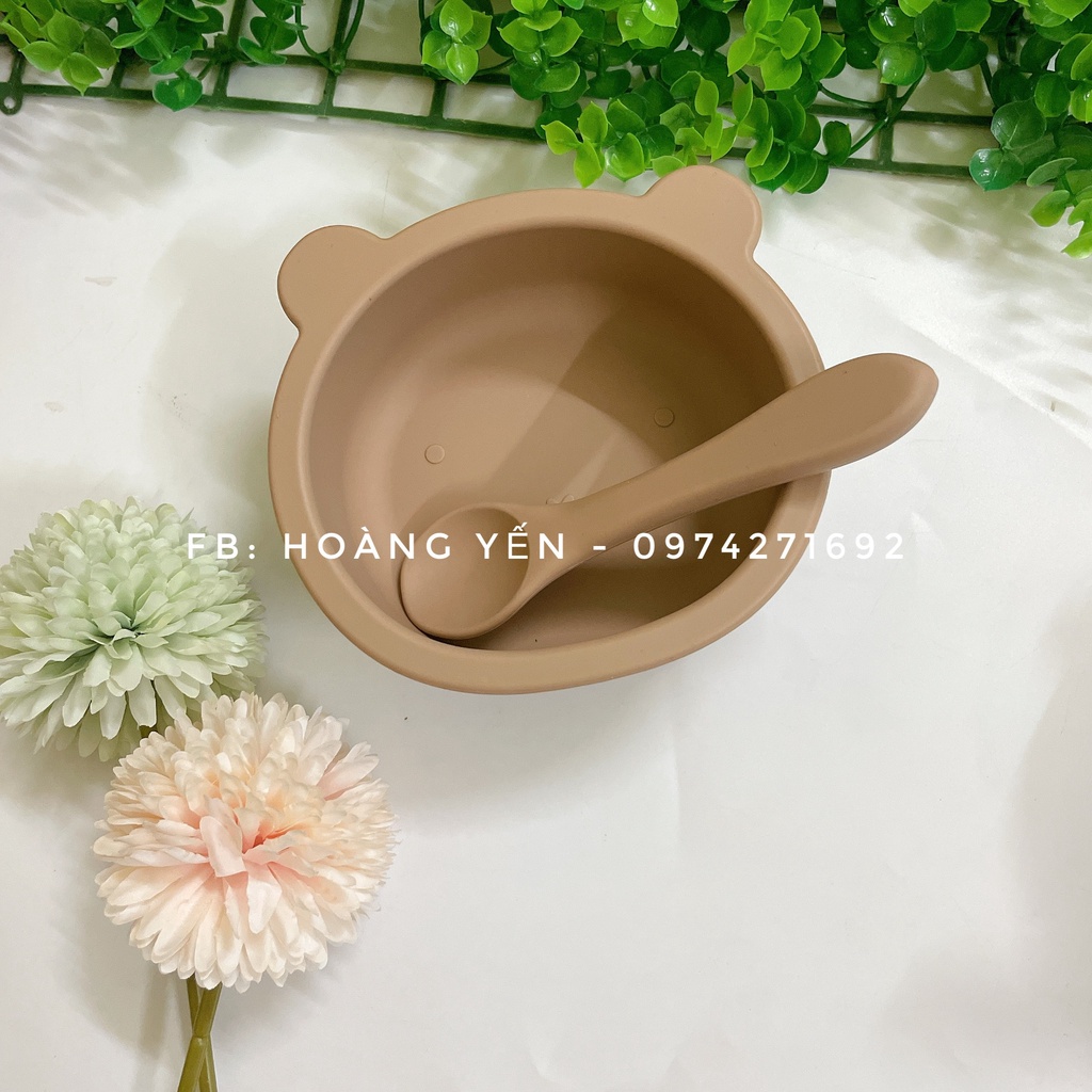 Bát ăn dặm bằng silicon hình gấu cao cấp có đế hít chống đổ cho bé(kèm thìa)