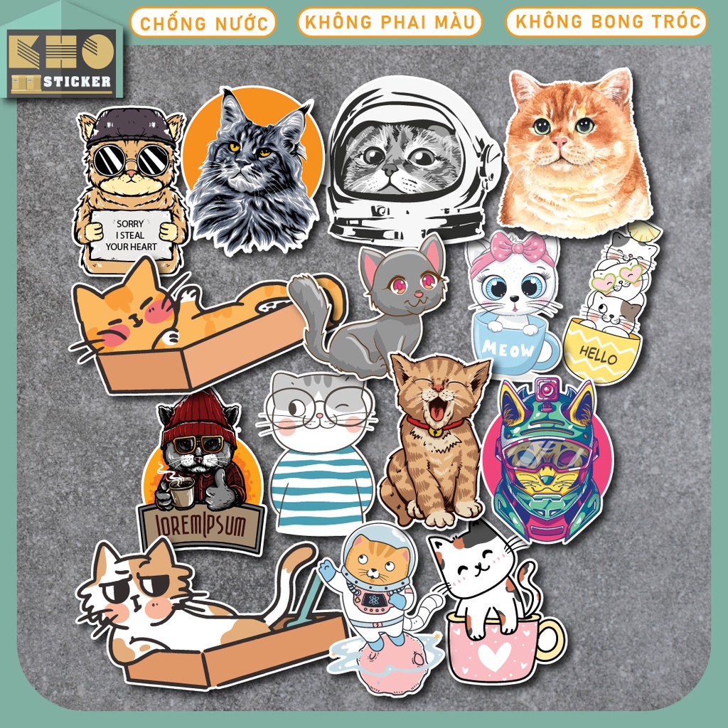 Combo 50 Sticker So Cute Cat chống nước sticker dán laptop, điện thoại, đàn guitar, mũ bảo hiểm, vali. MSP: ST34