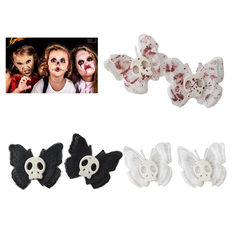 Kẹp tóc mỏ vịt họa tiết bướm phối đầu lâu phong cách lolita gothic thời trang halloween nhiều màu sắc
