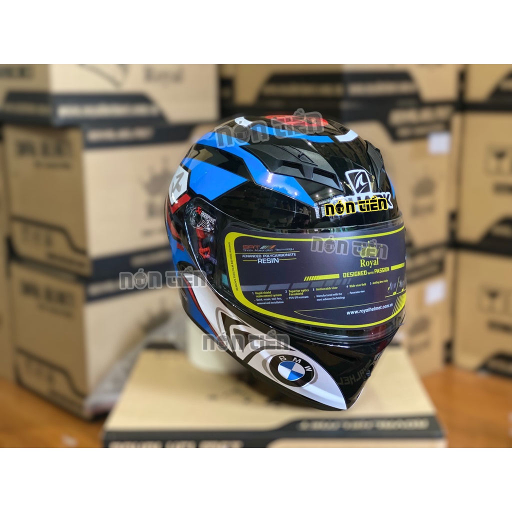 Mũ Full Face 2 Kính Royal M266 bản tem BMW SHARK XANH DƯƠNG cực đẹp, MUA 1 mũ  TẶNG 1 quà , Bảo hành 12 tháng
