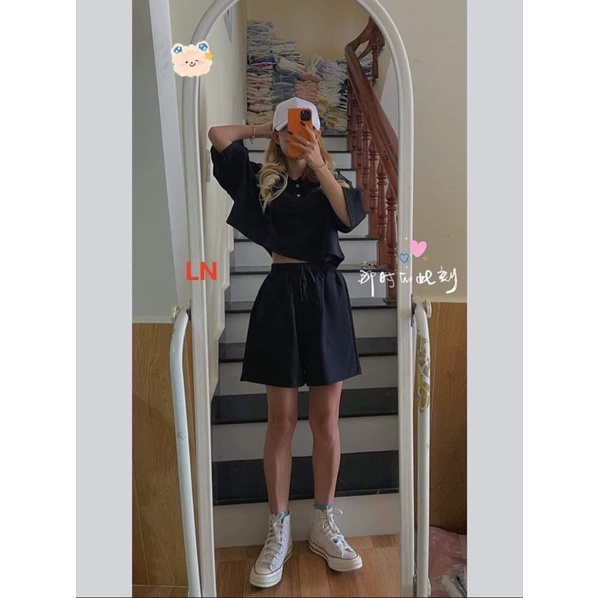 Sét áo croptop polo + quần đùi trơn