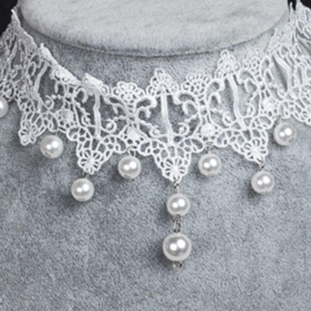 Vòng Cổ Choker Ngắn Phối Ren Đính Ngọc Trai Màu Trắng Phong Cách Gothic Thời Trang Cho Nữ