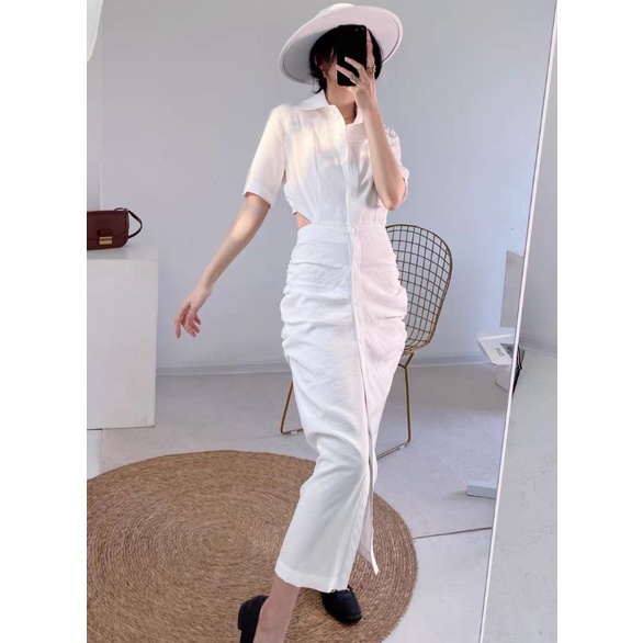 Váy sơ mi ngắn tay khoét eo ZR