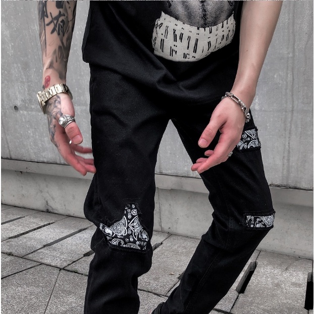 Quần Jeans Rách gối Bandana phong cách đường phố, Quần bò nam phong cách Streetwear