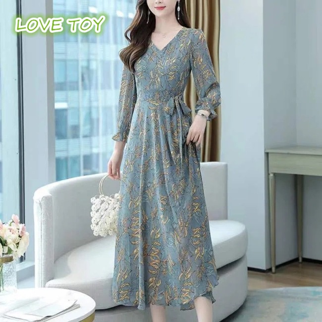 Đầm Tay Dài Cổ Chữ V In Họa Tiết Thanh Lịch Dành Cho Nữ