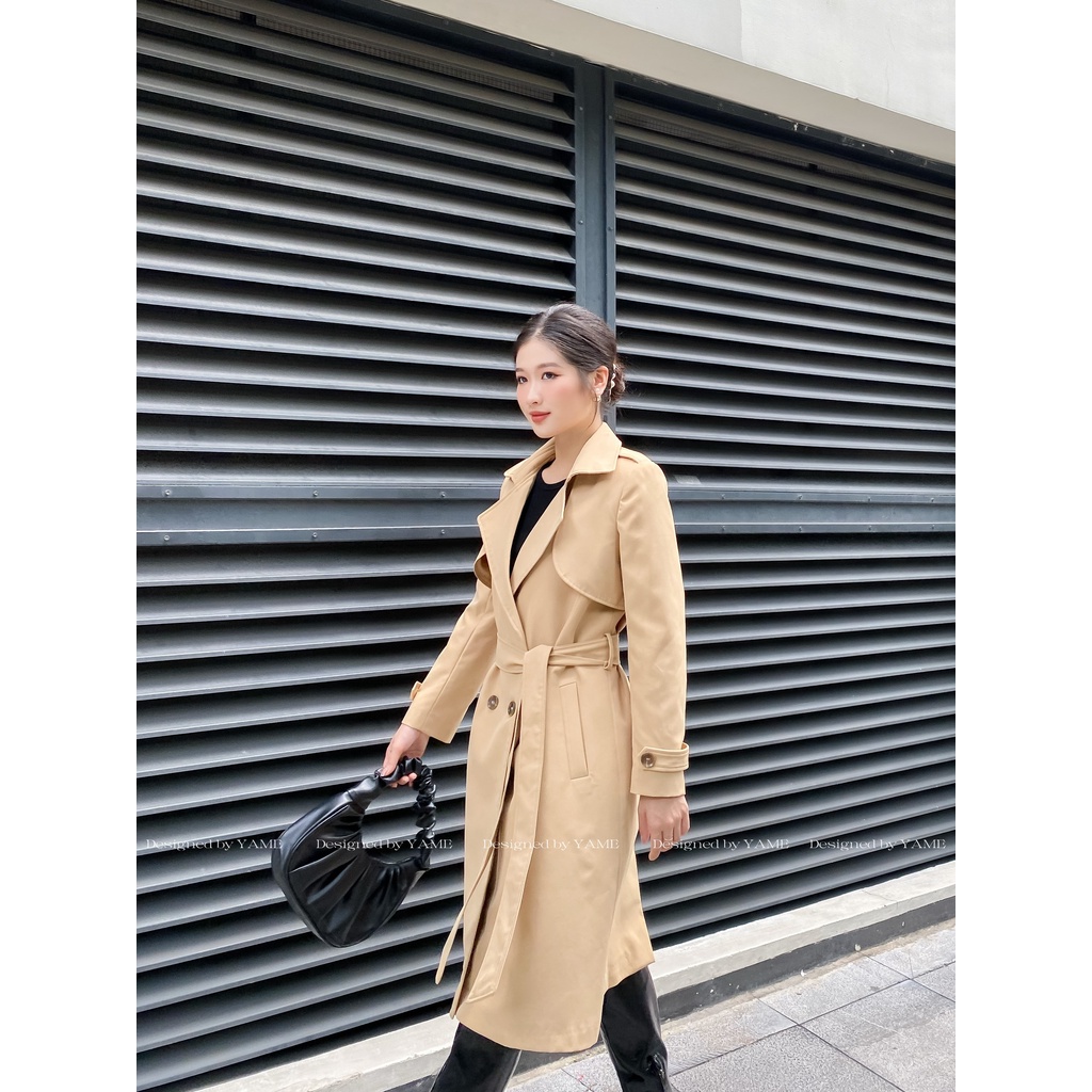 Áo khoác ngoài kaki Hàn cao cấp dáng dài qua gối màu nâu, hai lớp, có đai YAME YAK04 Garis