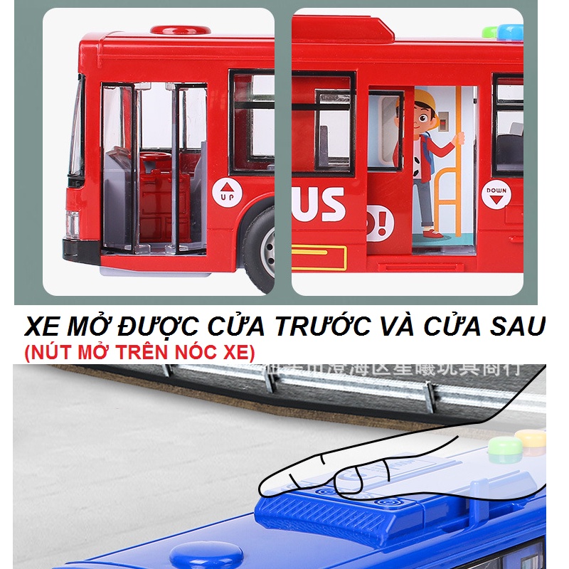Mô hình xe ô tô buýt cỡ lớn bằng nhựa đồ chơi trẻ em xe có âm thanh và đèn mở được cửa