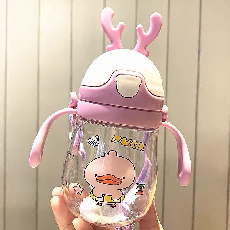 Bình uống nước tai hươu 370ml cho bé có vạch chia họa tiết đáng yêu