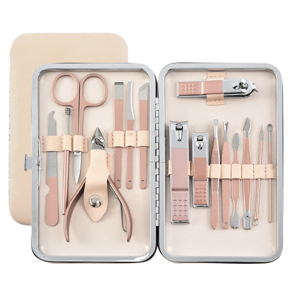 Bộ bấm móng, lấy ráy tai 19 món chi tiết tiện dụng bộ dụng cụ cắt móng tay đa năng kèm hộp đựng bằng da nhỏ gọn