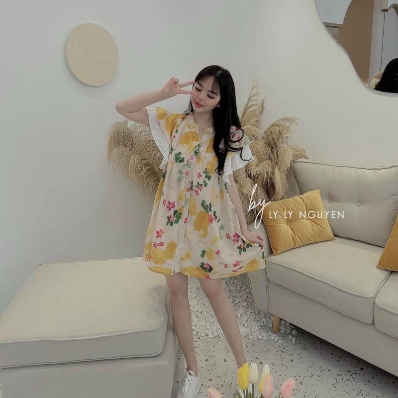 Váy hoa babydoll tay phối ren, đầm babydoll hàng thiết kế