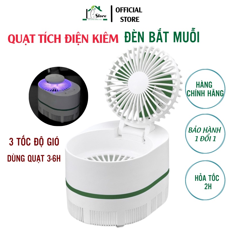 Quạt mini để bàn tích điện, quạt mini cầm tay kiêm đèn bắt muỗi công nghệ đèn Led 3 tốc độ gió