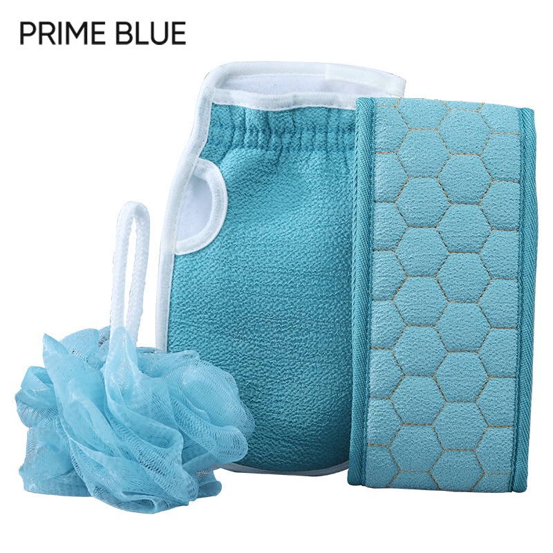 Set 3 Dụng Cụ Tắm Prime Blue Gồm Bông Tắm + Găng Tay Kỳ Ghét Mạnh + Khăn Chà Lưng