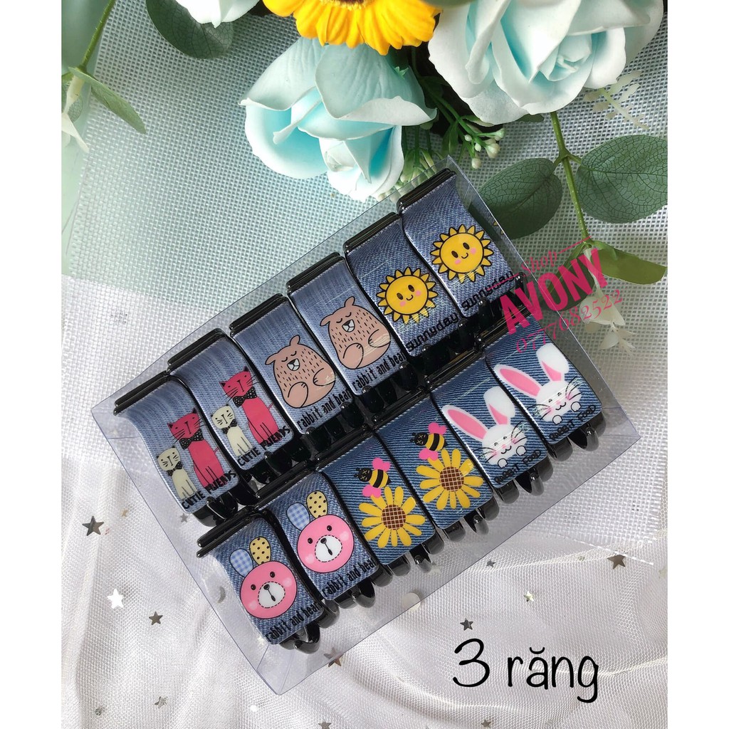 Kẹp tóc càng cua 3 - 5 răng in hình thú trên nền hoạ tiết vải jean dễ thương