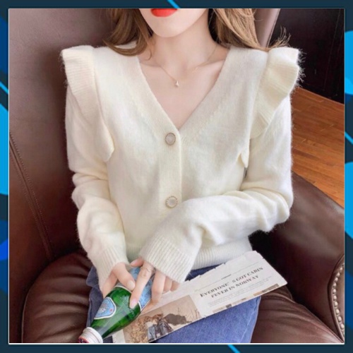 Áo len tay dài cardigan nữ cổ V croptop bèo vai ulzzang Hàn Quốc